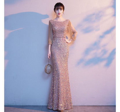 Sequined Rhinestone Evening Gown Mermaid Puff-Sleeve
