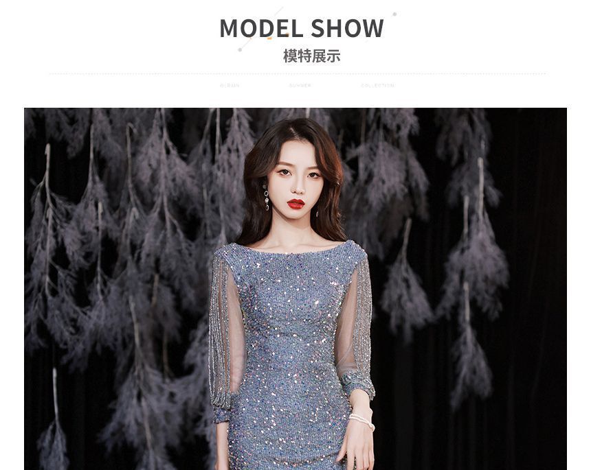 Sequined Rhinestone Evening Gown Mermaid Puff-Sleeve