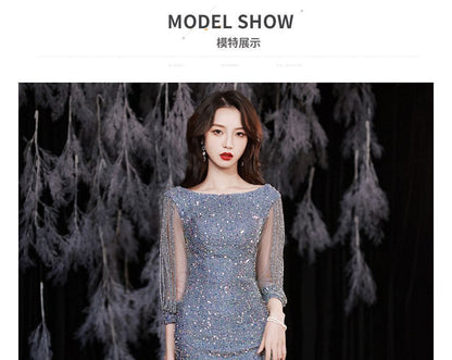 Sequined Rhinestone Evening Gown Mermaid Puff-Sleeve