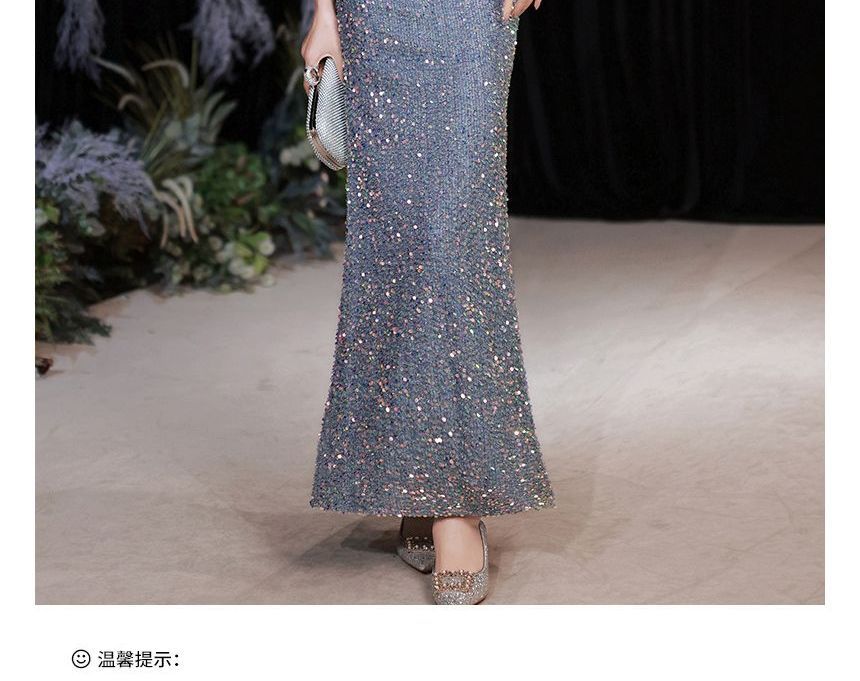 Sequined Rhinestone Evening Gown Mermaid Puff-Sleeve