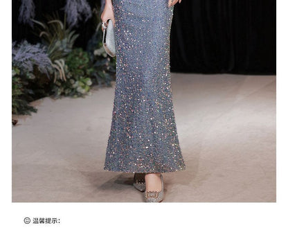 Sequined Rhinestone Evening Gown Mermaid Puff-Sleeve