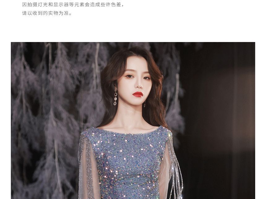 Sequined Rhinestone Evening Gown Mermaid Puff-Sleeve