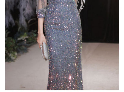 Sequined Rhinestone Evening Gown Mermaid Puff-Sleeve