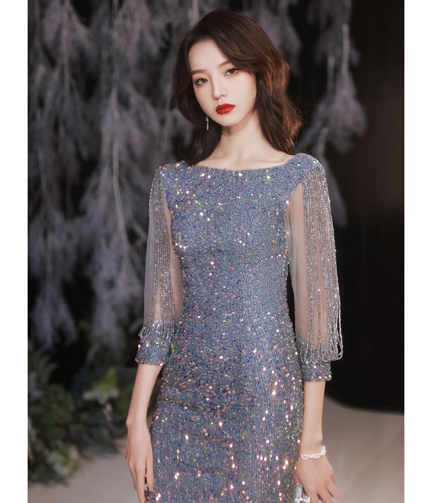 Sequined Rhinestone Evening Gown Mermaid Puff-Sleeve