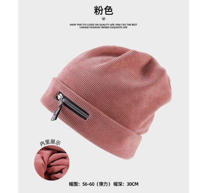 Zip Detail Ribbed Beanie