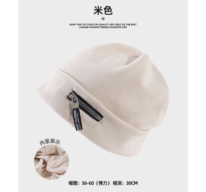 Zip Detail Ribbed Beanie