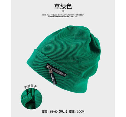 Zip Detail Ribbed Beanie