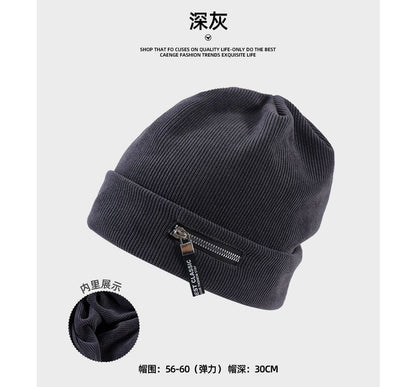 Zip Detail Ribbed Beanie