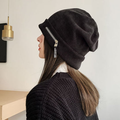 Zip Detail Ribbed Beanie