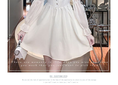 Long-Sleeve Square Neck Button Accent Frill Trim Mini A-Line Dress