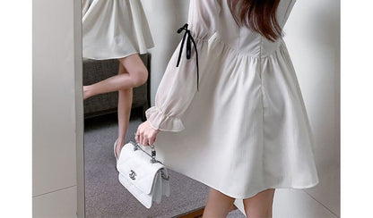 Long-Sleeve Square Neck Button Accent Frill Trim Mini A-Line Dress