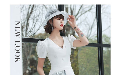 Short-Sleeve V-Neck Faux Pearl Midi A-Line Wedding Dress