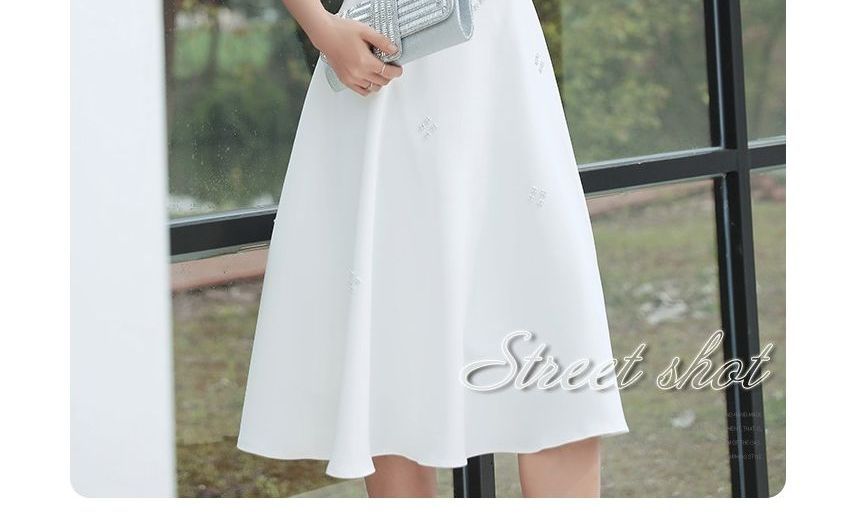 Short-Sleeve V-Neck Faux Pearl Midi A-Line Wedding Dress