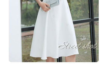 Short-Sleeve V-Neck Faux Pearl Midi A-Line Wedding Dress