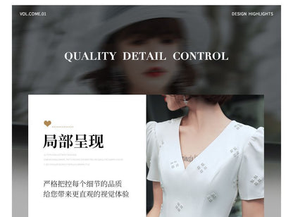 Short-Sleeve V-Neck Faux Pearl Midi A-Line Wedding Dress