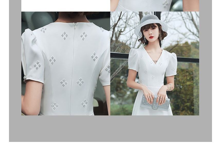 Short-Sleeve V-Neck Faux Pearl Midi A-Line Wedding Dress