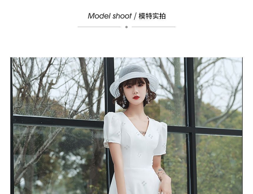 Short-Sleeve V-Neck Faux Pearl Midi A-Line Wedding Dress