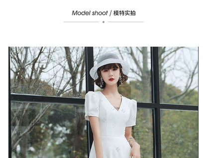 Short-Sleeve V-Neck Faux Pearl Midi A-Line Wedding Dress