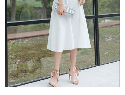 Short-Sleeve V-Neck Faux Pearl Midi A-Line Wedding Dress