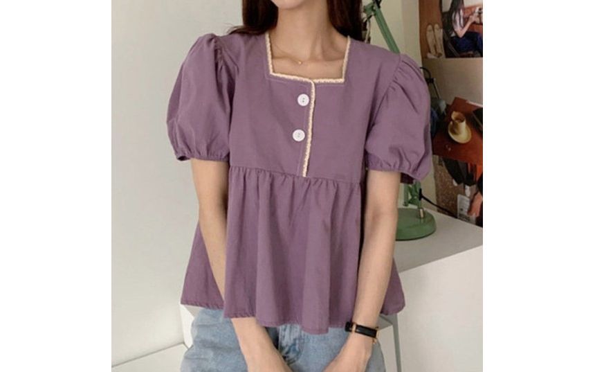 Puff-Sleeve Lace Peplum Blouse with Trim