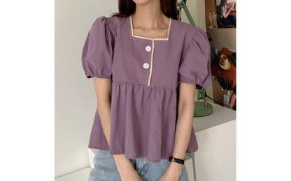 Puff-Sleeve Lace Peplum Blouse with Trim