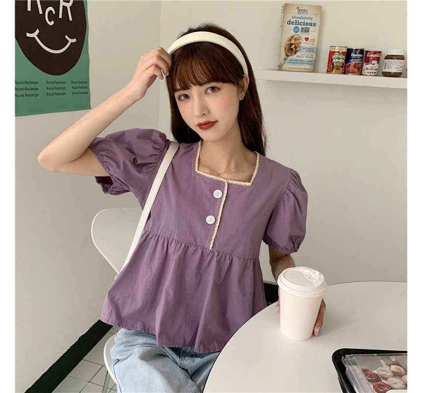 Puff-Sleeve Lace Peplum Blouse with Trim