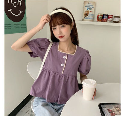 Puff-Sleeve Lace Peplum Blouse with Trim