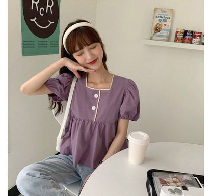 Puff-Sleeve Lace Peplum Blouse with Trim