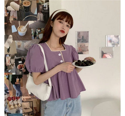 Puff-Sleeve Lace Peplum Blouse with Trim