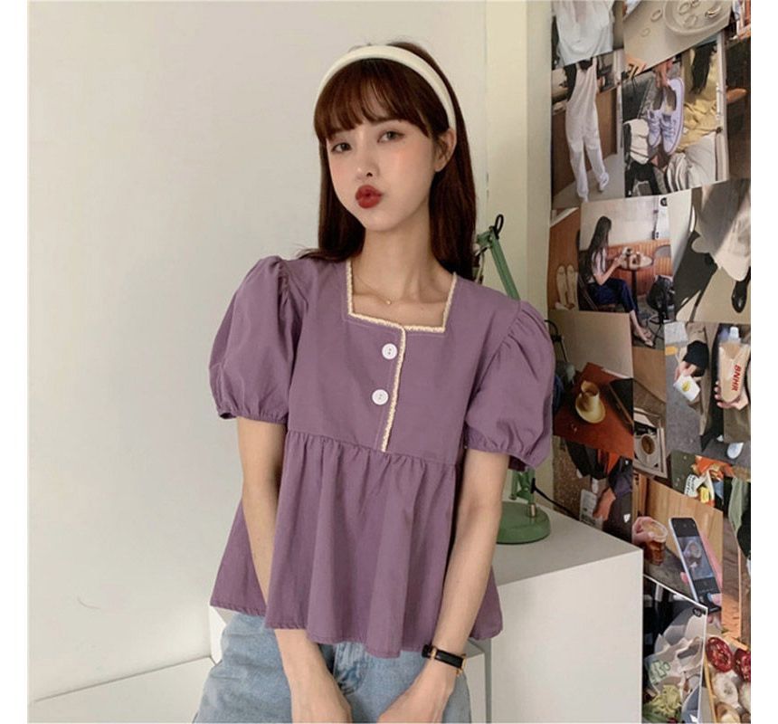 Puff-Sleeve Lace Peplum Blouse with Trim