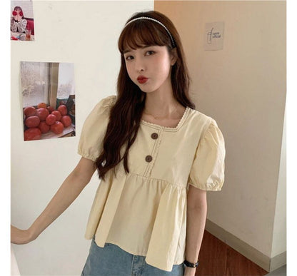 Puff-Sleeve Lace Peplum Blouse with Trim