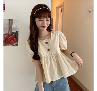 Puff-Sleeve Lace Peplum Blouse with Trim