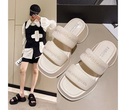 Lettering Embroidery Platform Slide Sandals