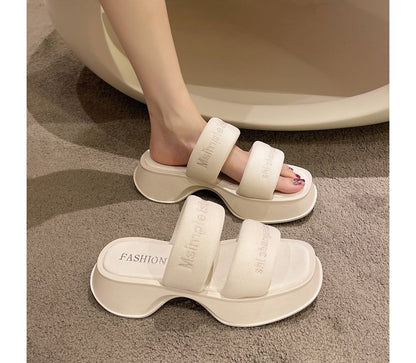 Lettering Embroidery Platform Slide Sandals
