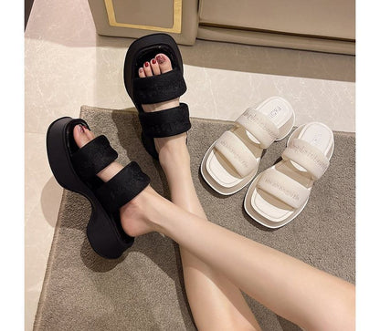 Lettering Embroidery Platform Slide Sandals