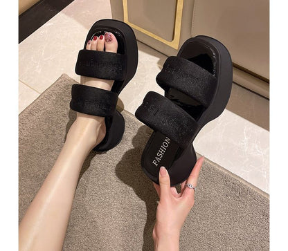 Lettering Embroidery Platform Slide Sandals