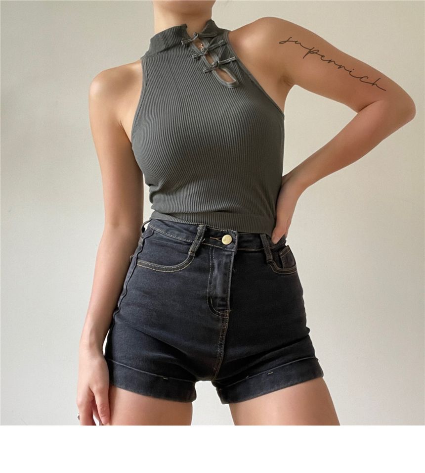 Padded Frog Button Crop Tank Plain Top