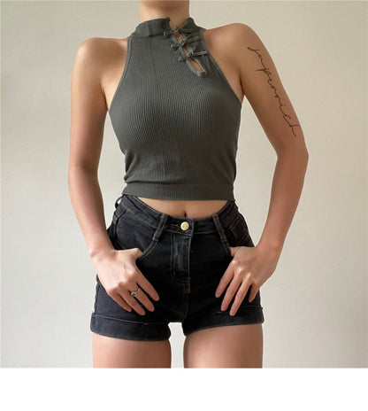 Padded Frog Button Crop Tank Plain Top