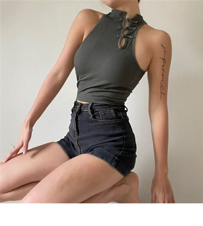 Padded Frog Button Crop Tank Plain Top