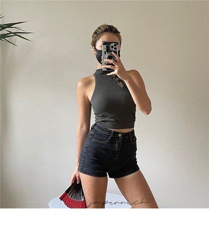 Padded Frog Button Crop Tank Plain Top