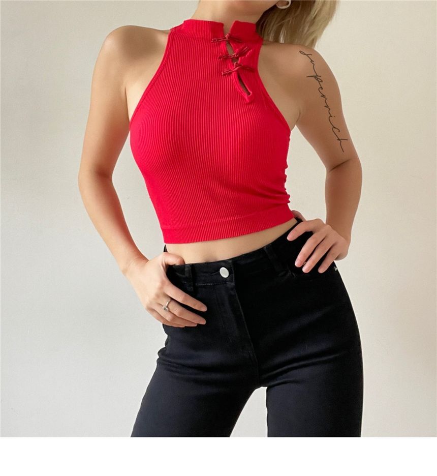 Padded Frog Button Crop Tank Plain Top