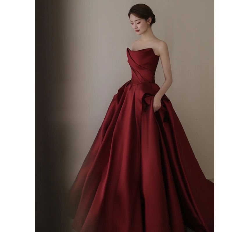 Asymmetrical Strapless Ball Gown A-Line Plain
