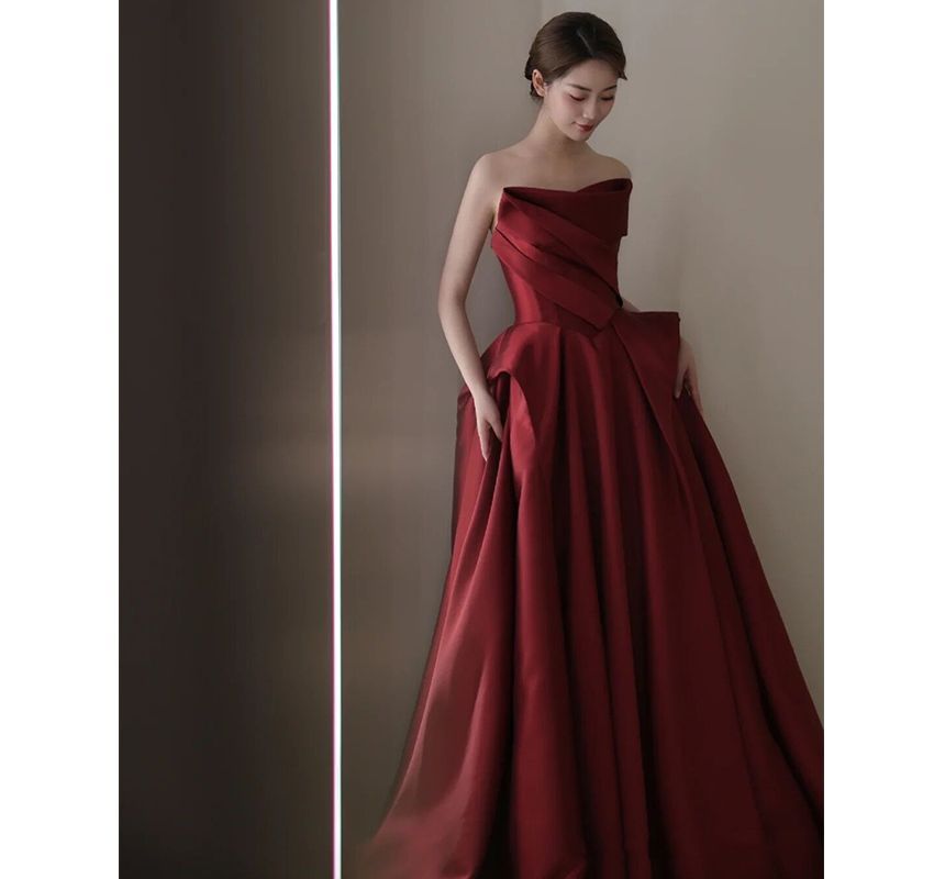 Asymmetrical Strapless Ball Gown A-Line Plain