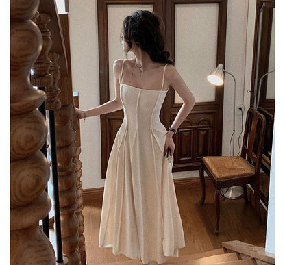 Spaghetti Strap Plain Crinkled Seam Front Midi A-Line Dress