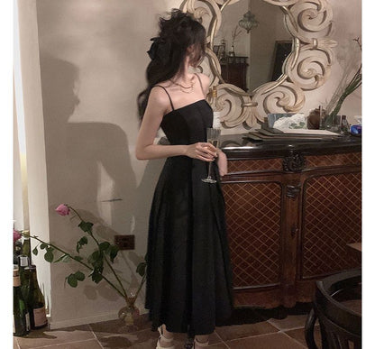 Spaghetti Strap Plain Crinkled Seam Front Midi A-Line Dress