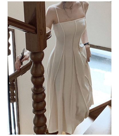 Spaghetti Strap Plain Crinkled Seam Front Midi A-Line Dress