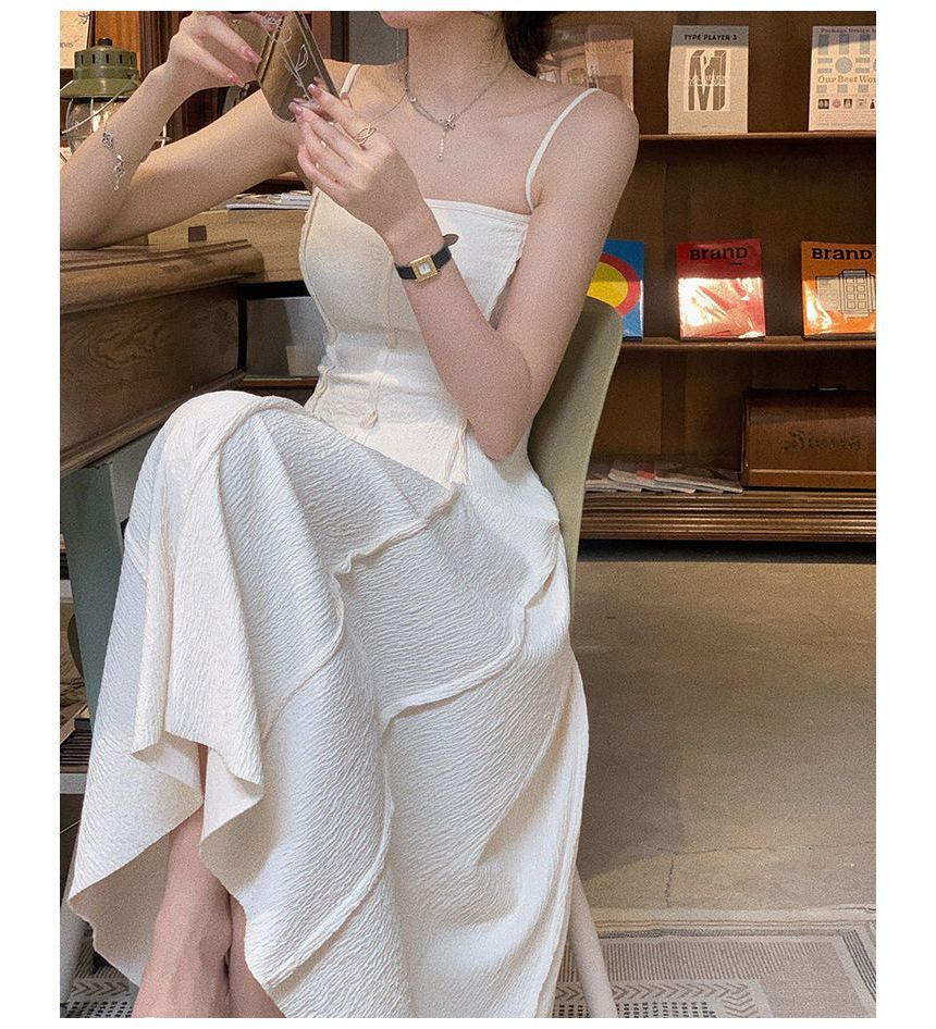 Spaghetti Strap Plain Crinkled Seam Front Midi A-Line Dress