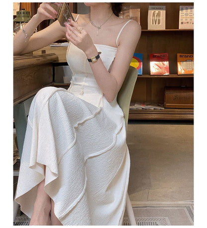 Spaghetti Strap Plain Crinkled Seam Front Midi A-Line Dress
