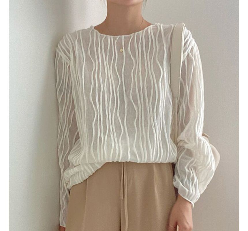 Long-Sleeve Boat Neck Striped Blouse