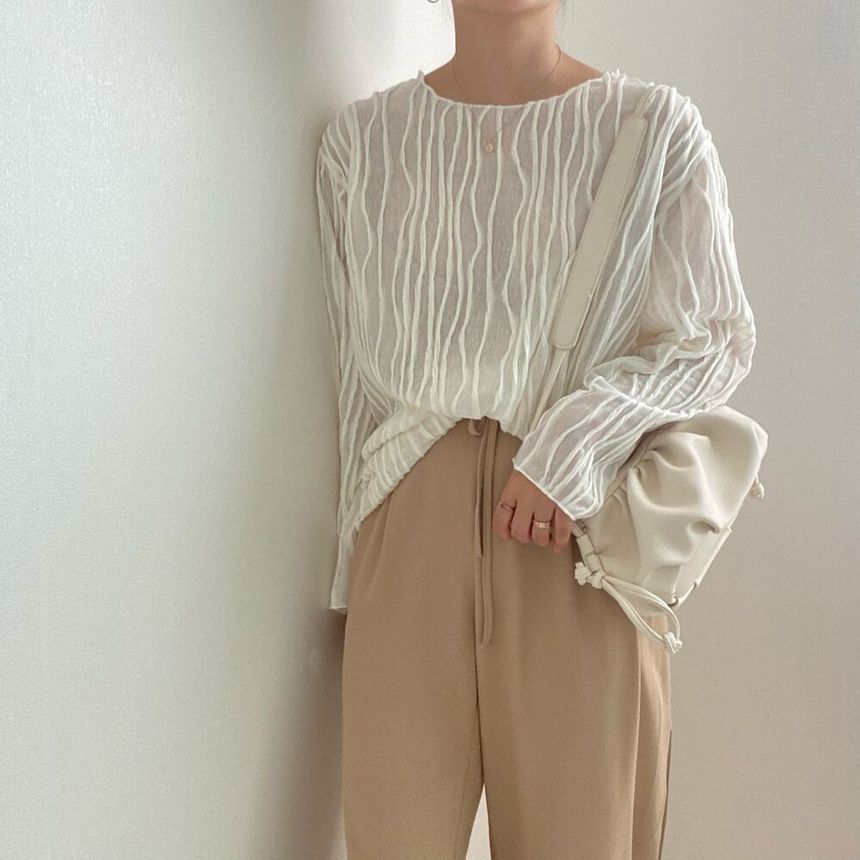 Long-Sleeve Boat Neck Striped Blouse